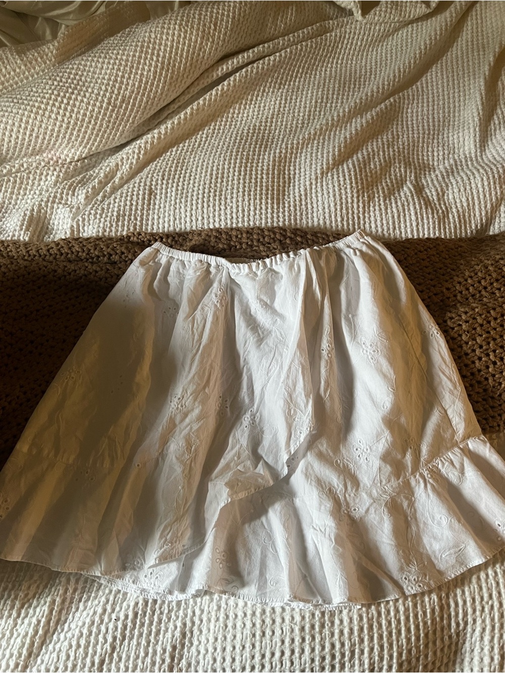 White cotton Eyelet faux wrap ruffle skirt